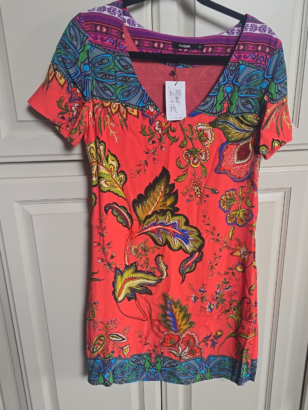 Desigual Orange/blue Paisley-Trim Mini dress